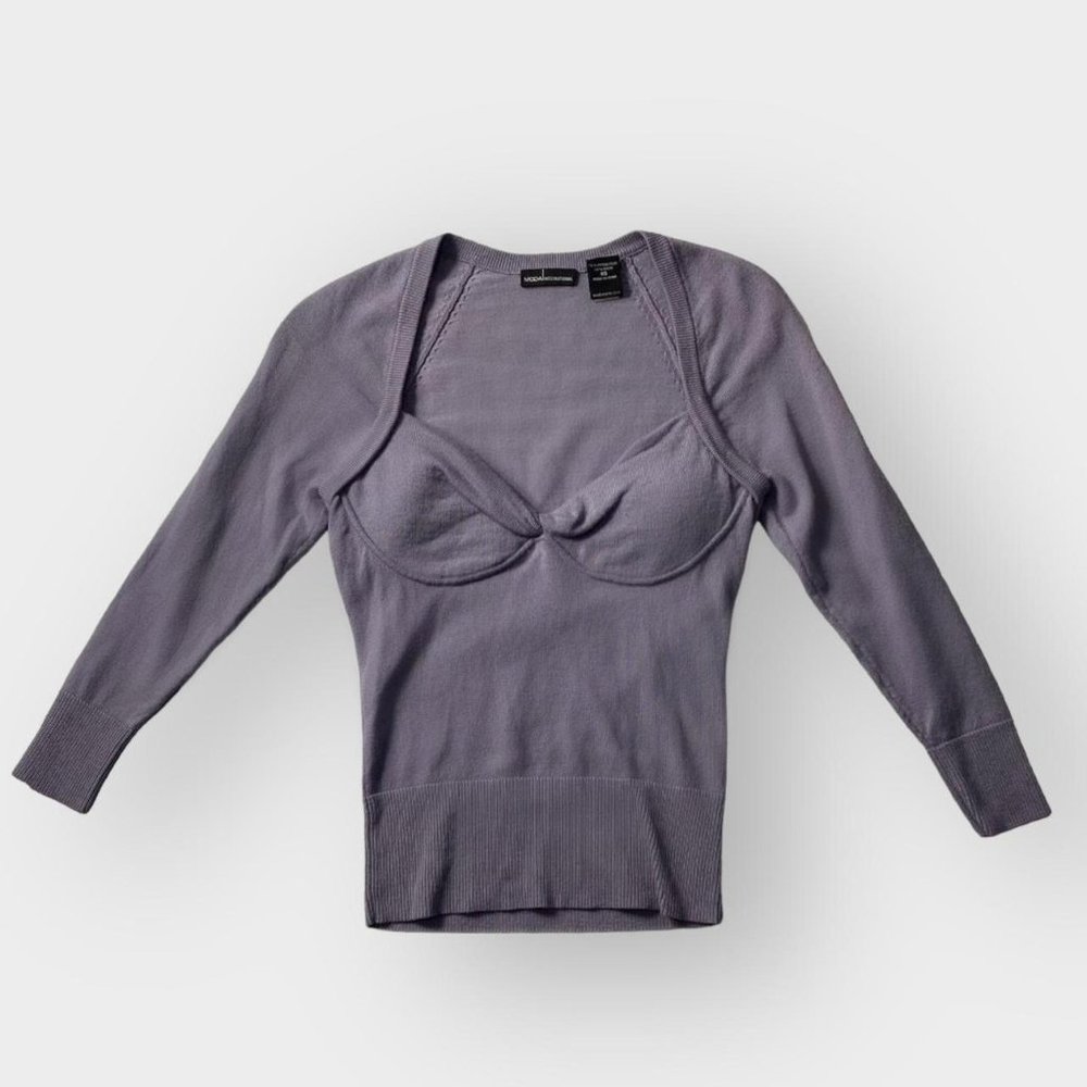Vintage Moda Int. lilac square neck bustier style 3/4 sleeve merino wool sweater